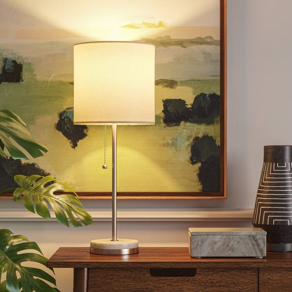 Elegant White Table Lamp with Silver and Marble Base.